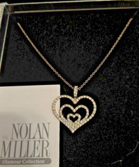 Vintage Nolan Miller Gold Tone Crystal Pave Triple Heart Necklace, NEW IN BOX