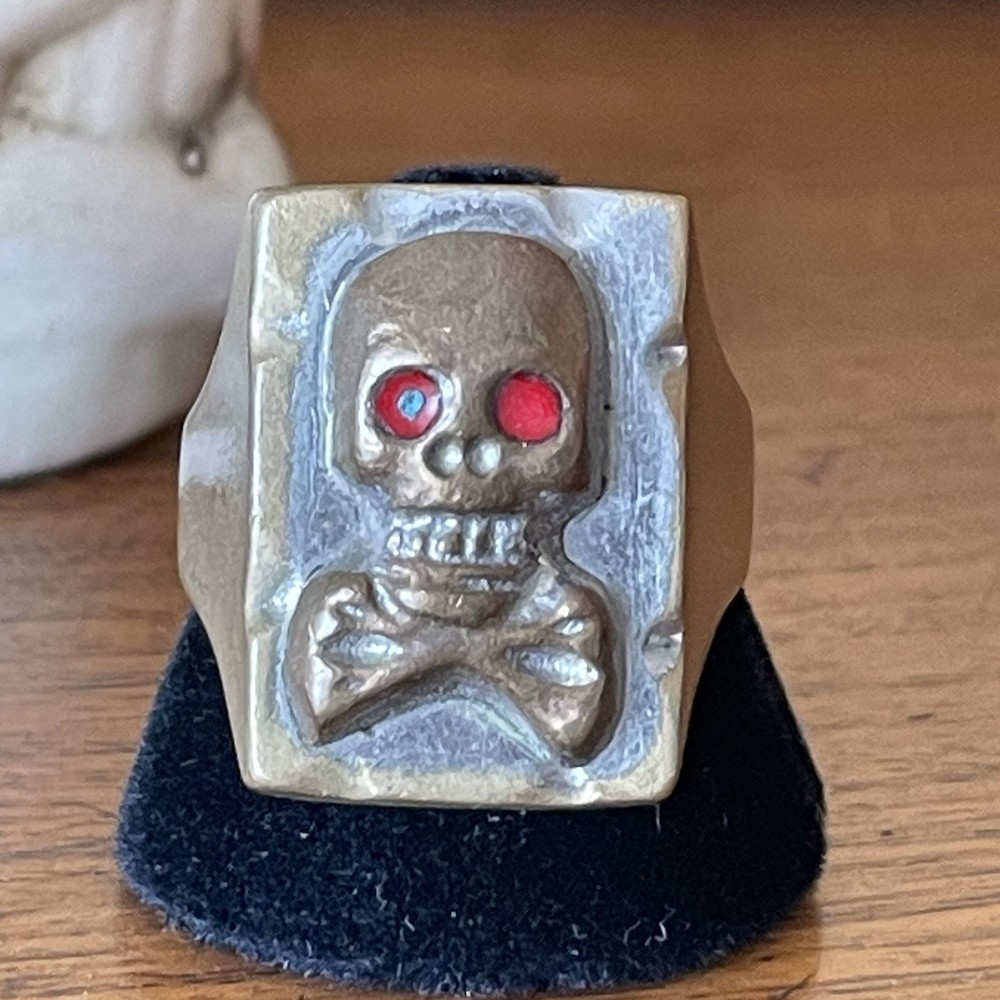 Vintage 1950s Mexican Biker Ring in Brass with Skull & Bones Cool Design Size 12