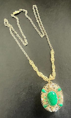 Vintage West Germany Green Cabochon Glass & Rhinestone Gilt Filigree Necklace
