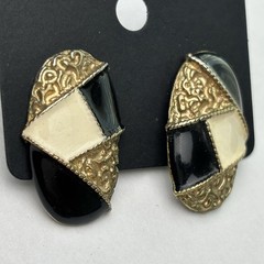 Vintage Enamel Earrings Black gold cream BOLD 90’S Textured Post Pierced Backs