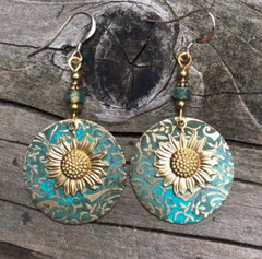 Bohemian Boho Sunflower Daisy Hook Earrings Retro Double Layer Dangle Drop, Teal