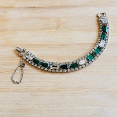 VTG Faux Emerald Rhinestone Bracelet Art Deco Rhodium Plated Elegant Regency 7″