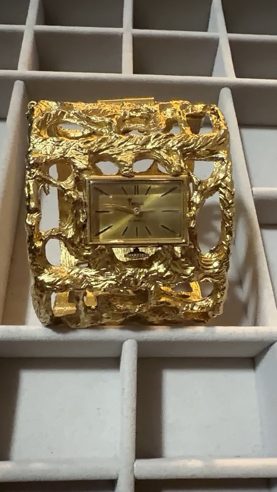 Jonathan Bailey Crown Trifari Sculpturesque Gold Brutalist Cuff Watch 1970