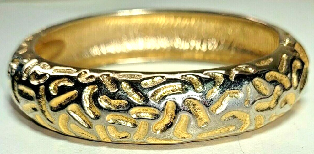 Unsigned Designer Cuff Clamper Bracelet 1980’sEmbossed Textured Hinged Goldtone