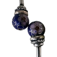 925 Silver Blue Cloisonne Floral Enamel Bead Bangle 1950s-1970s 7.1g