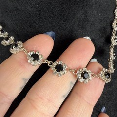 Vtg Black Clear Rhinestone Floral Silver Chocker Necklace Whimsygoth 90s Y2K
