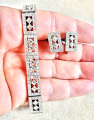 ENGEL Bros. ART DECO Bracelet Earring Set Clear Rhinestone RHODIUM Plating 1930s