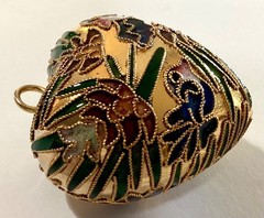 Gold Tone Metal Cloisonne Enamel Puffy Heart Shaped Pendant or Ornament With Box