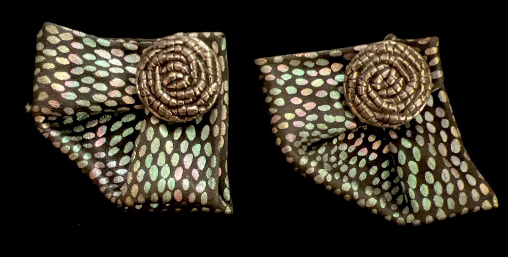 Vintage Iridescent Fan Material W/ Beaded Inset Rosette Stud Earrings 1 1/2” L
