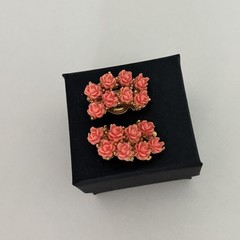 Vintage Faux Coral Carved Celluloid Rose Flower Climber Clip On Earrings 1″