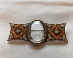 Vintage Art Deco Style Brooch Clear Oval Crystal & Orange Rhinestones Jewelry