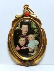 Pretty mom, kids, baby, photo pendant, c. 1920s, hand colored/tinted