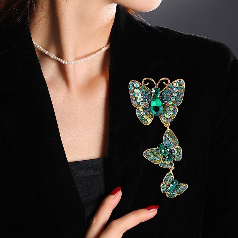 Vintage 3 Butterfly Art Nouveau Pendant Brooch Pin Grren Rhinestone Crystal