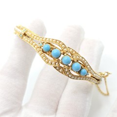 Vintage Art Arthur Pepper Faux Pearls & Faux Turquoise Gold Tone Bangle Bracelet