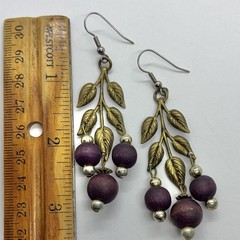 Vtg Big Art Nouveau Brass Leaves Chandelier Burgundy Bead Statement Earrings