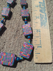 Vintage Polymer Clay Necklace 18in Blue Pink Purple Rectangle Beaded