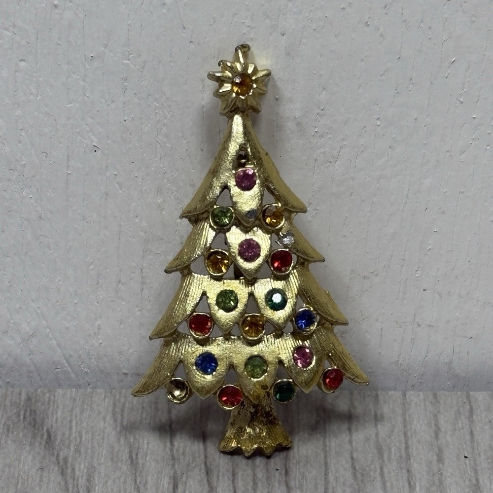 Goldtone Christmas Tree Brooch Pin Multi Color Rhinestones Unmarked