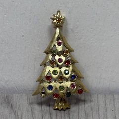 Goldtone Christmas Tree Brooch Pin Multi Color Rhinestones Unmarked