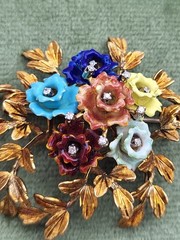 Vintage Italy 18K Gold Colorful Flower & Diamond Brooch KG Old Italian Jewelry