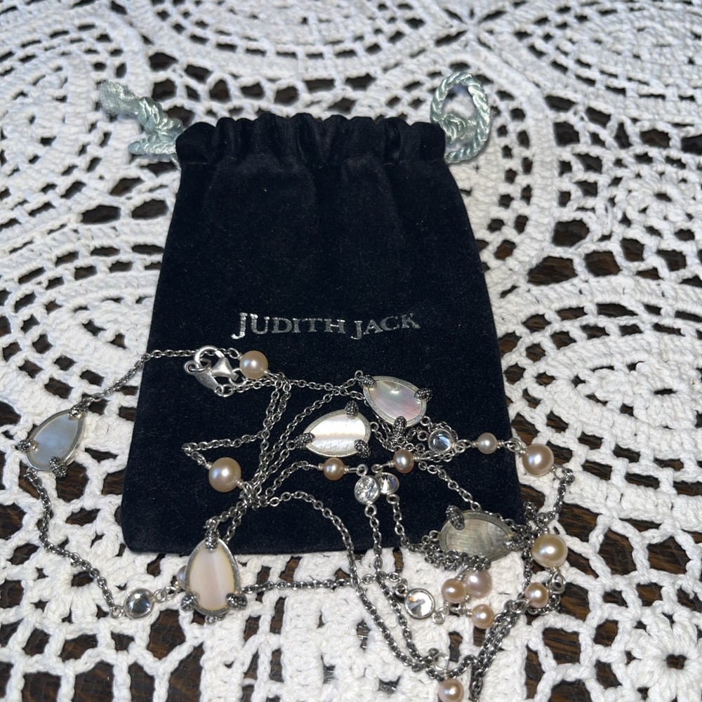 Vintage Judith Jack Sterling Silver Marcasite Mother of Pearl Pink Necklace 42″