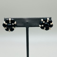 Vintage Style Cluster Earrings Pierced Stud Round Black Bead Faux Pearl Elegant