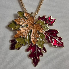 Tri-Colored Enamel Maple Leaf Pendant Necklace Gold Tone Chain