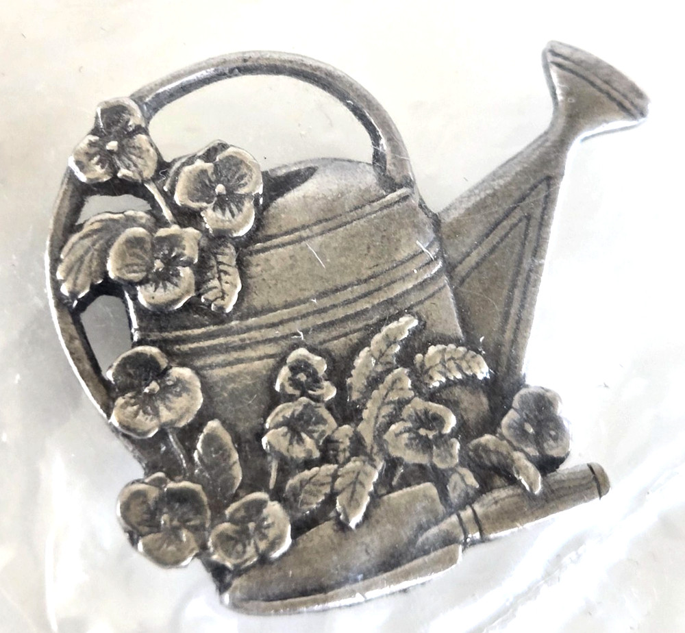 Vintage 2000 Birds & Blooms Floral Watering Can Pewter Pin 1-3/16″ in Sealed Bag
