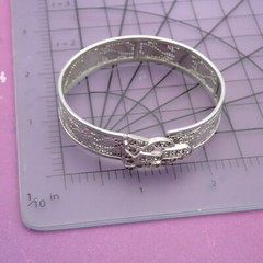 Art Deco Rhodium Filigree Floral Rhinestone Tension Close 6 3/4″ Bangle Bracelet