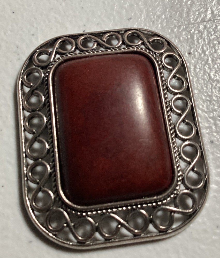 Vintage Jewelry Craft Silver Tone Infinity Pattern Wrapped Around Brown Stone 2”