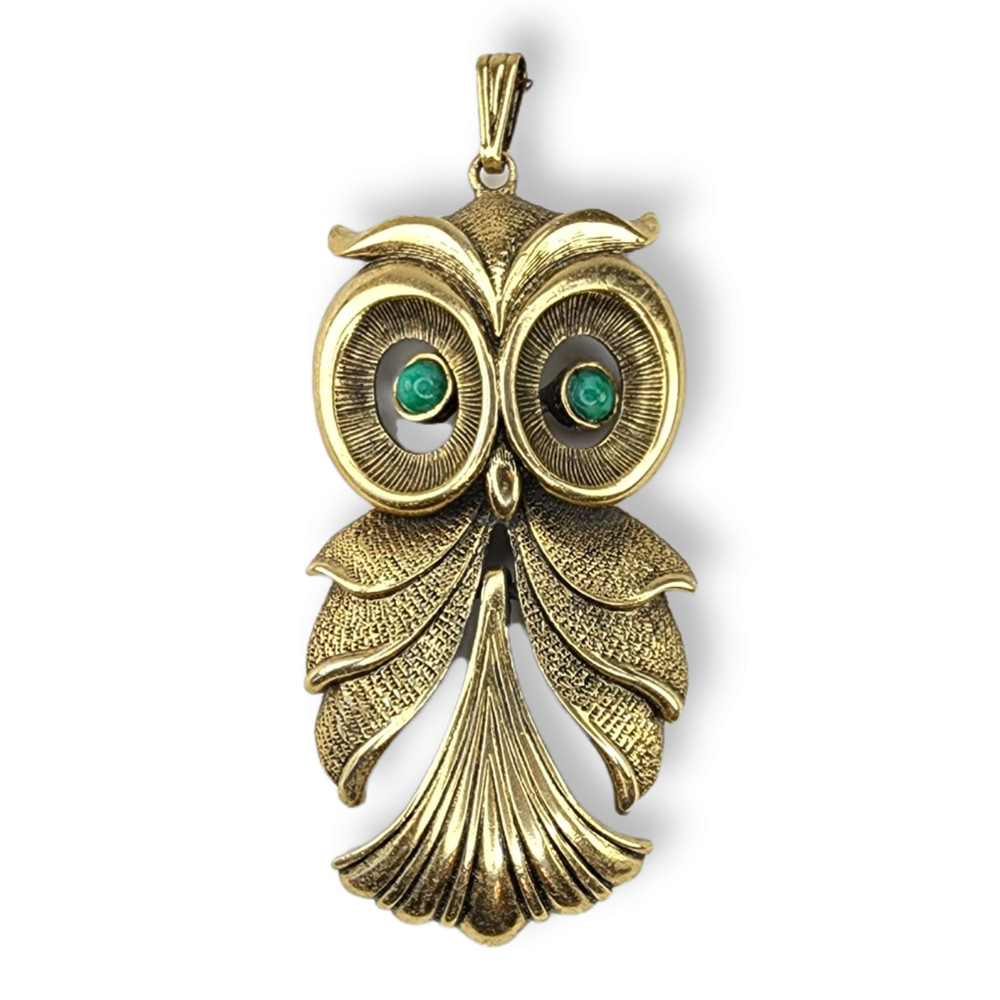 Vintage Green-Eyed Gold Tone Articulating Owl Pendant Super Cute