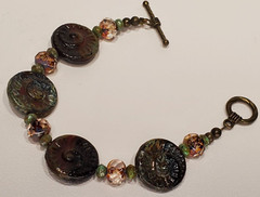 VTG Colorful Glass Beads Brass Toggle Bracelet Boho Art Glass Ammonite Fossils