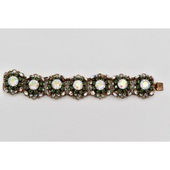 Vintage Aurora Borealis Crystal Bracelet Green AB Antiqued Gold Shiny 1950s Bin2