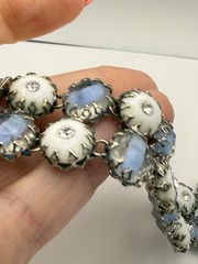 Vintage Gayle attributed bracelet blue givre milk glass rhinestone crown prongs