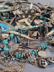 LG STERLING MIXED JEWELRY LOT-ZUNI NAVAJO MEXICO-TURQUOISE LAPIS CORAL-SOUTHWEST