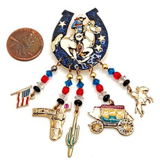 Moulin Rouge Western Cowboy Lucky Horseshoe Enameled Glitzy Charm Brooch
