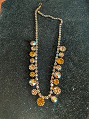 Vintage 1950’s Goldtone Aurora Borealis Amber Color Rhinestone Choker Necklace