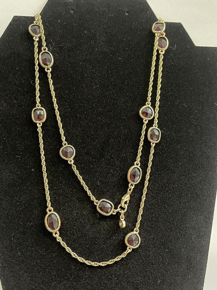 Vtg Monet Very Long Flapper Necklace 53” Varied Stone Shapes, Red Faceted