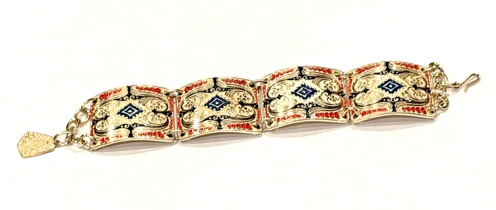 WEST GERMANY RED WHITE BLUE ENAMEL SILVER PANEL LINK 8″ BRACELET VINTAGE EUC
