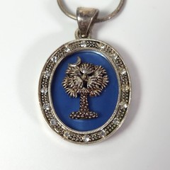 VINTAGE Blue Palm Tree Crescent Moon Pendant Necklace, Estate Jewelry, READ