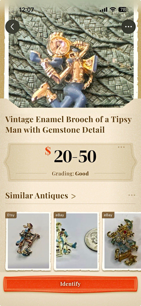 Estate Vintage Tipsy Man Enamel Brooch Gold Blue Metal w/ Clear Rhinestones