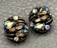 Vintage HOLLYCRAFT Aurora Borealis Crystal Rhinestone Clip-On Earrings Japanned