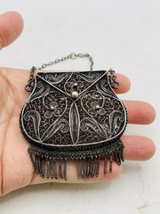 Antique Silver Tone Intricate Filigree Swirl Flower Coin Perfume Purse Pendant