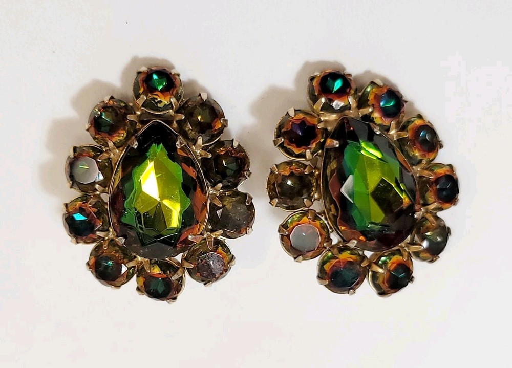 Vintage Juliana Heliotrope Watermelon Rhinestone Earrings Green Orange