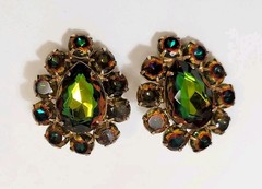 Vintage Juliana Heliotrope Watermelon Rhinestone Earrings Green Orange