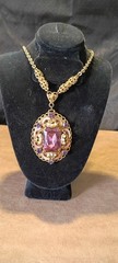 Vintage Signed W Germany Ornate Filigree Pendant Necklace Purple Glass Pearl