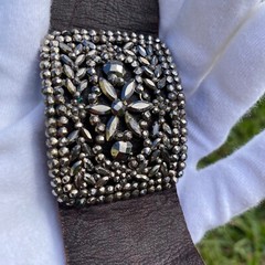 Antique Cut Steel Artisan Redesigned Shoe Buckle Clip On Thick Leather Bracelet
