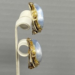 VTG Dangle Drop Earrings Clip On Blue Acrylic Faux Mini Pearl Gold Tone Wavy