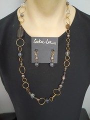 VTG Cookie Lee 32″ Chain Necklace Earring Jewelry Set Gold Rings Brown Accents