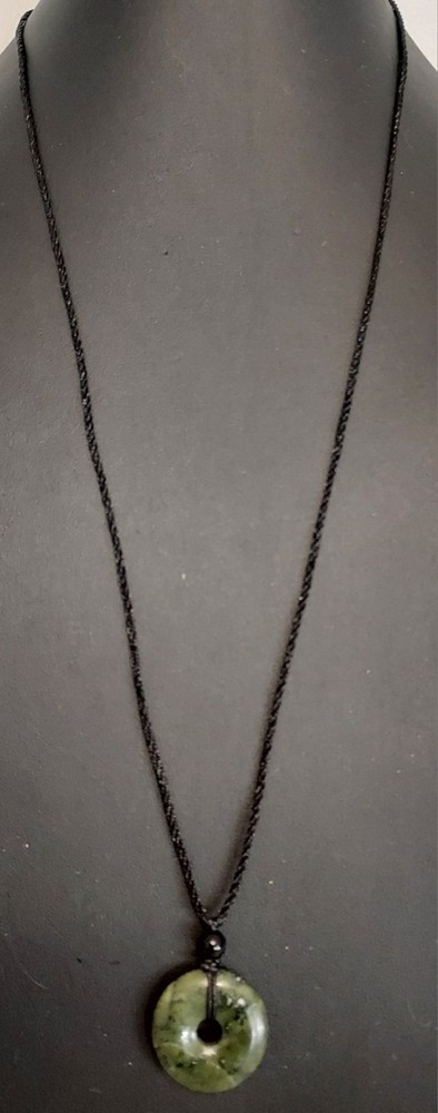 Natural Dark Green Nephrite Jade Pi Donut Pendant Necklace Lucky Cord 1″ ~~READ~