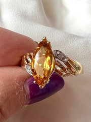 VINTAGE SOLID 14K YELLOW GOLD MARQUISE NAVETTE GOLDEN HONEY CITRINE DIAMOND RING